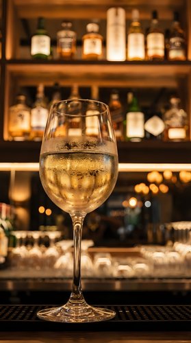 Glass of sparkling white wine on bar counter with blurred bottles in background. Elegant champagne in crystal stemware at upscale restaurant or pub setting.