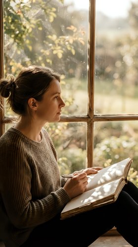 Young woman reading book by sunny window in cozy knit sweater, peaceful morning light streaming through glass creating warm atmosphere for relaxation and learning.