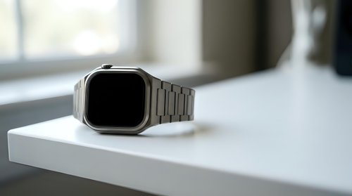 Modern silver smartwatch with metal band on white surface in minimalist interior setting for technology and lifestyle concepts.