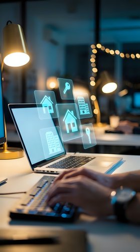 Modern laptop displaying holographic real estate icons and property symbols on office desk with warm lighting for digital property management concepts.