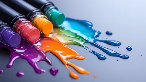 Vibrant melting crayons creating colorful drips and splashes on dark surface, arranged in rainbow spectrum with purple, pink, orange, and blue wax flowing dramatically.