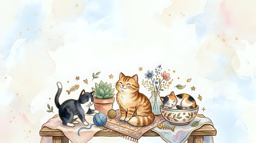Watercolor cats on a wooden table with plants and yarn, soft pastel tones, cozy pet illustration with copy space for cards and prints.