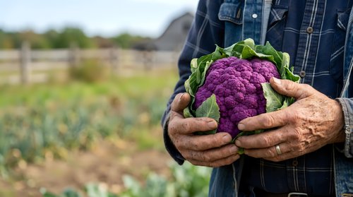 Purple cauliflower held by farmer in field. Fresh organic vegetable harvest, agriculture and farming produce for healthy eating and farm-to-table cooking.