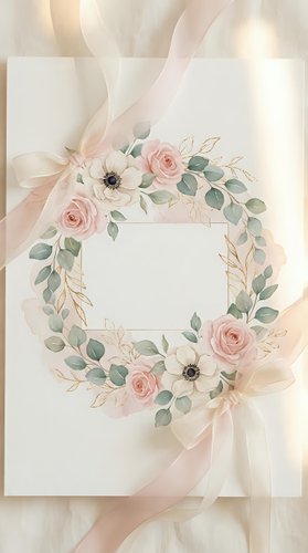 Elegant floral wreath with pink roses and white flowers on soft beige background with flowing ribbons for wedding invitations and romantic designs.