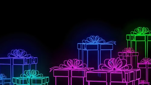 Colorful neon gift boxes with bows glowing against black background for holiday celebrations, Christmas marketing, birthday party designs and festive promotions.