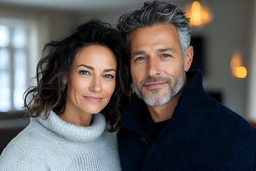 Happy mature couple embracing at home, middle-aged man and woman in cozy sweaters smiling together in warm indoor setting with soft lighting.