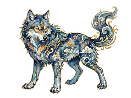 Ornate wolf with decorative baroque patterns in blue and gold tones, isolated on white background. Stylized animal artwork suitable for t-shirt design, clipart, and graphic projects.