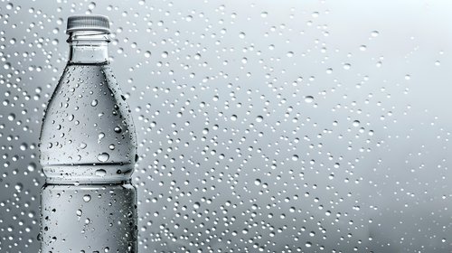 Water drops on glass with plastic bottle silhouette behind creating atmospheric moody composition. Condensation and rain droplets capture natural light effect.