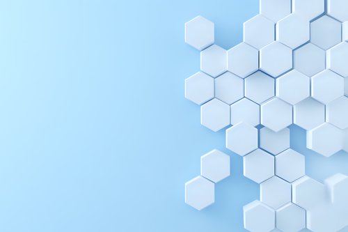 White hexagonal geometric pattern on light blue background with soft shadows creating modern minimalist technological composition for business presentations.