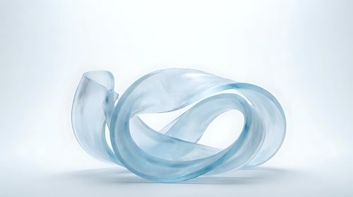 Elegant translucent blue glass sculpture with flowing curved ribbons on white background, modern abstract art piece for contemporary interior design.
