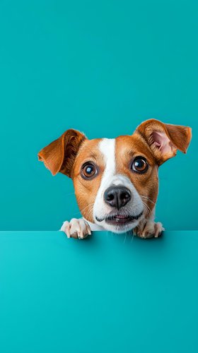 Curious Jack Russell terrier peeking over edge against turquoise background, showing expressive blue eyes and playful expression, white and brown markings on face.