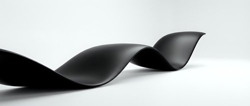 Elegant black curved ribbon flowing in smooth waves against white background creating dynamic abstract composition for modern design projects.