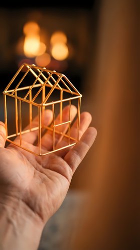 Hand holding golden wire frame house model with warm bokeh lights in background representing real estate investment and home ownership dreams.