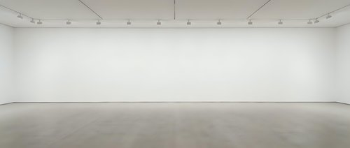 Empty white gallery interior with concrete floor and track lighting system for art exhibitions and contemporary displays.