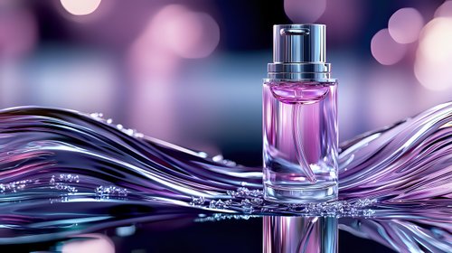 Elegant perfume bottle with purple liquid on dynamic water splash surface against blurred bokeh background, luxury cosmetic product photography.