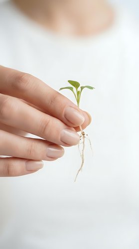 Gentle hands protecting tiny green seedling with visible roots symbolizing growth, care, environmental protection and new life beginning.