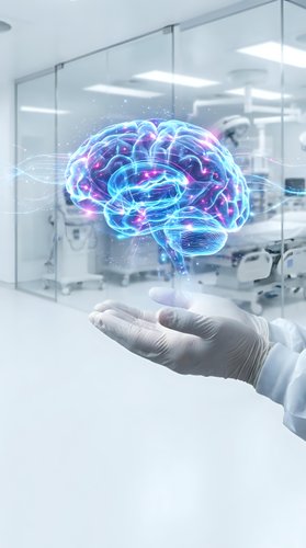 Doctor hand holding holographic brain with neural networks in modern medical facility for neuroscience research and healthcare innovation.