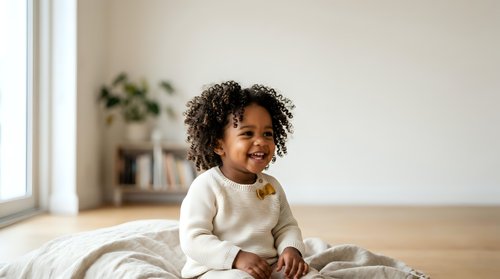 Young child with curly dark hair and medium skin tone, wearing cream-colored long-sleeve shirt, sitting on bed in bright bedroom with natural light from window, smiling and looking away.