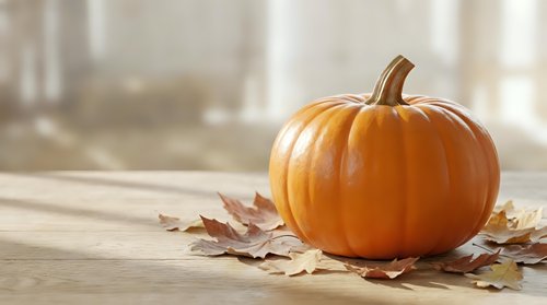 Orange pumpkin with autumn leaves on wooden table in bright kitchen interior for seasonal decoration and harvest celebration.