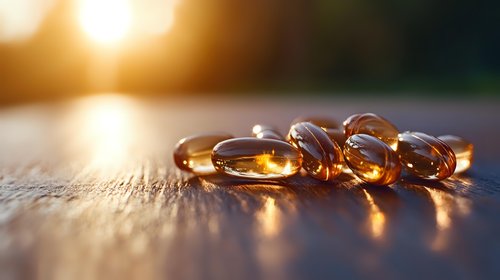 Amber vitamin D3 capsules scattered on wooden surface with warm sunset lighting creating glowing translucent effect through soft gel supplements.