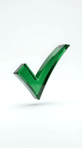 Green glass checkmark symbol floating on white background for business success and approval concepts.
