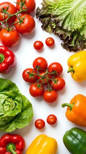 Fresh organic vegetables on white background with colorful bell peppers, ripe tomatoes and green lettuce leaves for healthy cooking and nutrition.