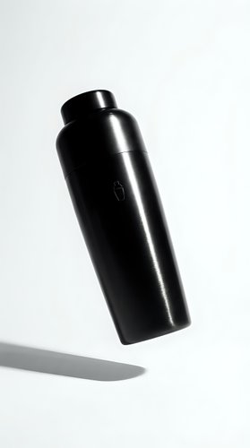 Black metallic water bottle with screw cap tilted at angle against white background, casting shadow. Suitable for beverage, lifestyle, and product mockup applications.