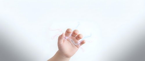 Tiny newborn baby hand with delicate fingers reaching upward against soft white background symbolizing new life, innocence and hope.