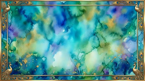Abstract watercolor background with vibrant blue and green flowing colors in ornate golden frame for artistic design projects and creative layouts.