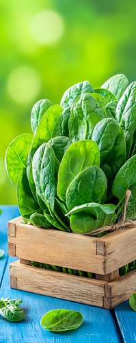 Fresh spinach leaves in wooden crate on blue rustic table against blurred green background. Natural lighting highlights leaf texture and vibrant colors.